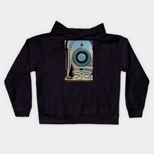 Surrealist painting like digital art of a Wizard in a balcony looking out at the Monad of creation Kids Hoodie